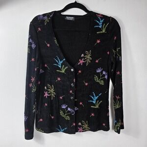 SOFTWEAR Knit Embordered  by Mark Singer Black Floral Embroidered Petite Sz Med‎